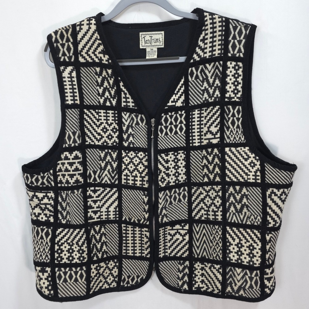 Vintage 90s TanTrums Tapestry Vest Women 3X Black Cream Geometric Cotton Zip